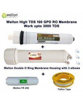Wellon 100 GPD HIGH Tds Membrane (Works Till 2000 TDS) with Wellon Membrane Housing + 450 FR + Teflon Tape