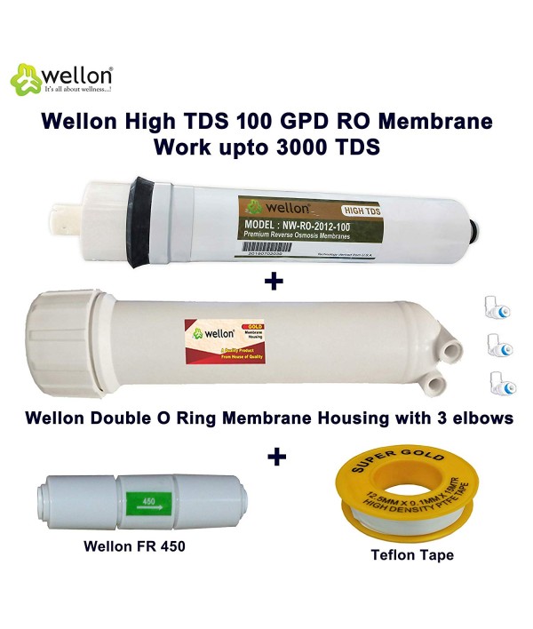 Wellon 100 GPD HIGH Tds Membrane (Works Till 2000 TDS) with Wellon Membrane Housing + 450 FR + Teflon Tape Wellon 100 GPD HIGH Tds Membrane (Works Till 2000 TDS) with Wellon Membrane Housing + 450 FR + Teflon Tape