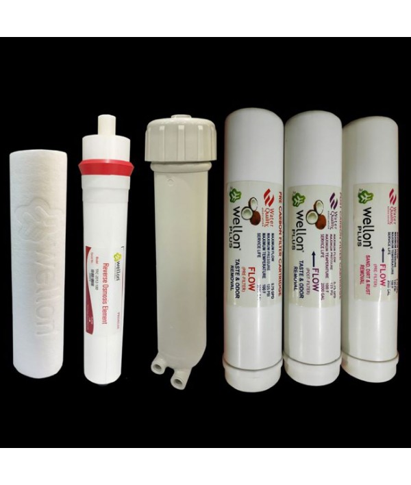 Wellon Replaceable Filter Kit (Inline Sediment, Inline Pre-Carbon, Inline Post Carbon, PP Sediment Filter, RO Membrane 100 GPD) Suitable for All Types of Water purifiers