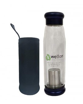 WELLON ANTIOXIDANT ALKALINE GLASS WATER BOTTLE BPA FREE & HYGIENIC and Portable Carry Case – 650ml (Blue)