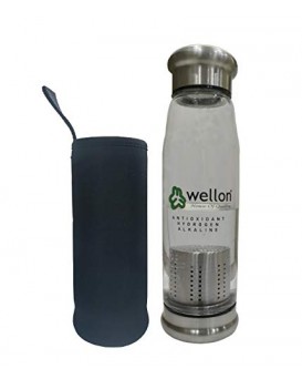 WELLON ANTIOXIDANT ALKALINE GLASS WATER BOTTLE BPA FREE & HYGIENIC and Portable Carry Case – 650ml (Silver)