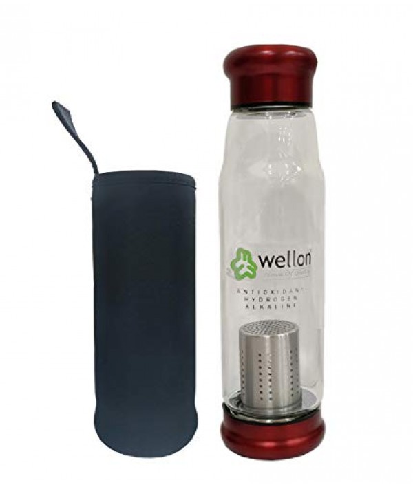 WELLON ANTIOXIDANT ALKALINE GLASS WATER BOTTLE BPA FREE & HYGIENIC and Portable Carry Case – 650ml (Red)