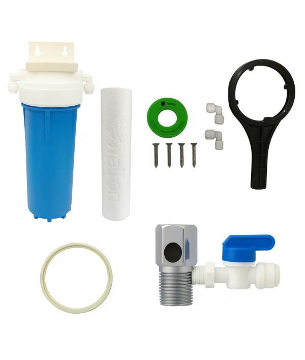 Wellon Pre-Filter Kit for RO Water Purifiers | 10” Housing with Cartridge, Wrench, Inlet Valve, Elbows, Screws, Teflon Tape & O-Ring | Complete Installation Set for RO Systems