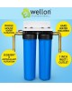 Wellon Main-Line Whole House Water Filtration | Dual 20” Big Blue Filter Housing | Sediment + Antiscalant Cartridge | 1” Inlet/Outlet | Hard Water Softener for Bathroom & Appliance Protection