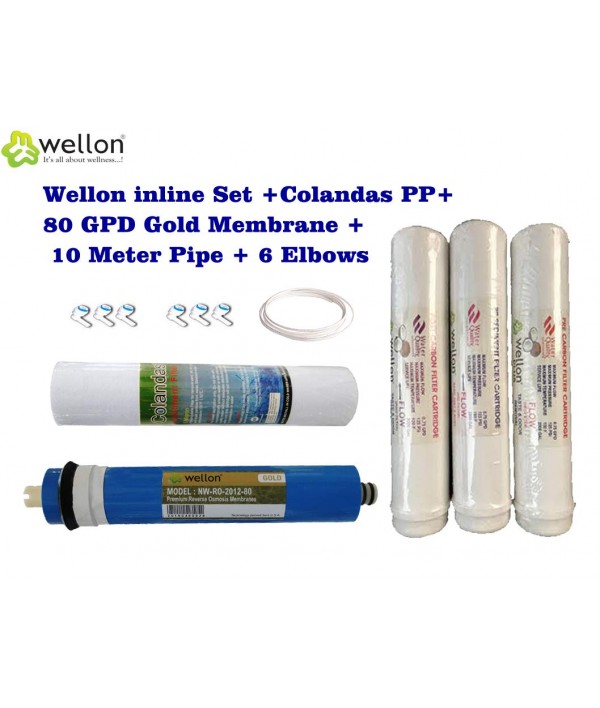 Wellon Inline Set Suitable for All Brands of Water Purifier 80 GPD Gold Membrane (Works Till 2000 TDS)+ Inline Set + Elbows +10 m White Tube + PP Filter