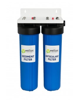 Wellon Main-Line Whole House Water Filtration | Dual 20” Big Blue Filter Housing | Sediment + Antiscalant Cartridge | 1” Inlet/Outlet | Hard Water Softener for Bathroom & Appliance Protection