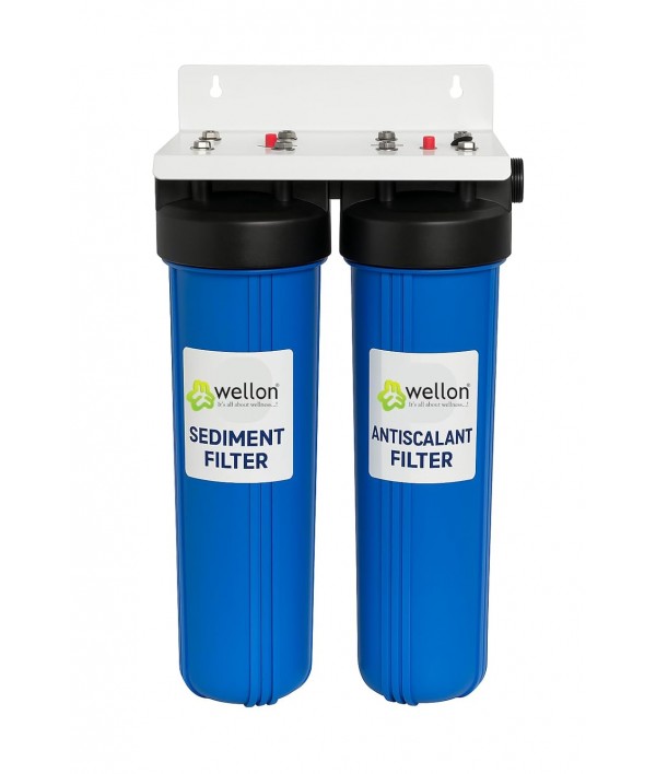 Wellon Main-Line Whole House Water Filtration | Dual 20” Big Blue Filter Housing | Sediment + Antiscalant Cartridge | 1” Inlet/Outlet | Hard Water Softener for Bathroom & Appliance Protection